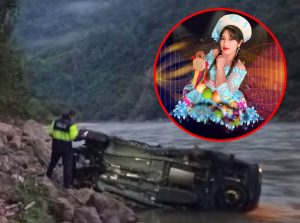 Cantante folclórica y familia caen con auto al río Perené y esposo desaparece